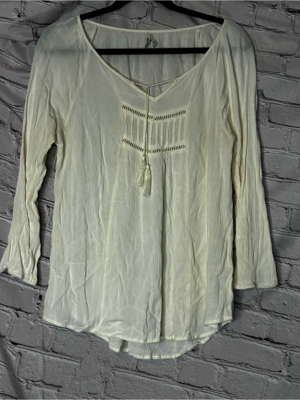 Romantic Renaissance Peasant Boho Cream Crepe Flowy Tassel Tunic Blouse Sz L GUC